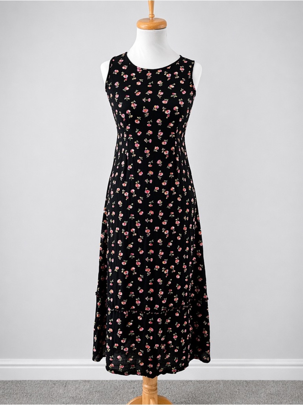 Vintage April Cornell Floral Midi Dress Black Pink Cottagecore Rayon